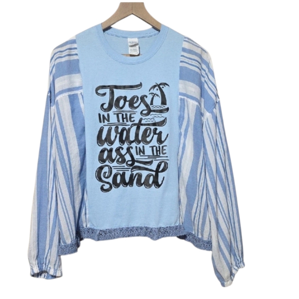 Upcycled "Toes In The Water" Blue Striped Women's Top